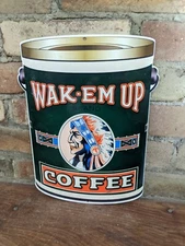 VINTAGE WAKE-EM UP COFFEE CAN PORCELAIN SIGN 12" X 9" INDIAN