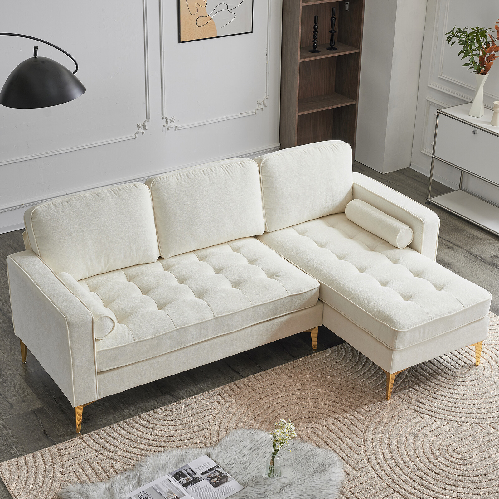Beige Modular 3-Seater Sofa with Rhombus Chenille Design and Golden Legs Footstool