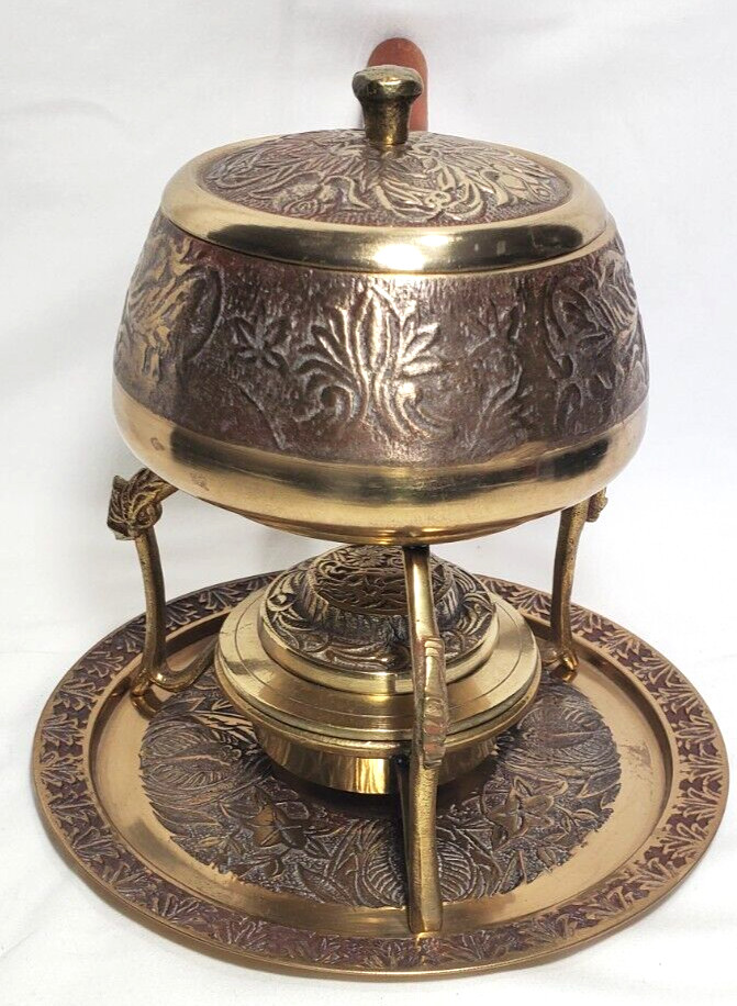 Vintage Brass Korean Fondue Set 6 Piece Floral Pattern