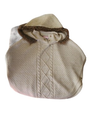 Little Lass Girls 4 Faux Fur Trimmed Hood Snap Collar & Sides Cable Knitt Poncho