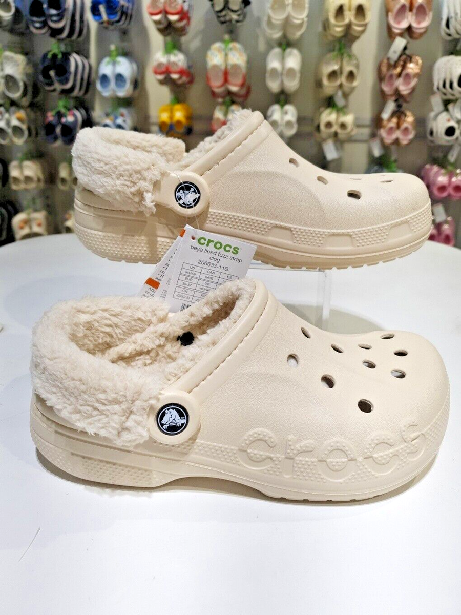 Crocs Baya Lined Fuzz Strap Mens Womens Clogs Wonder White