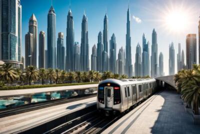 Moderne Stadt Dubai mit U-Bahn im Hintergrund der Wolkenkratzer der Stadtlandsch