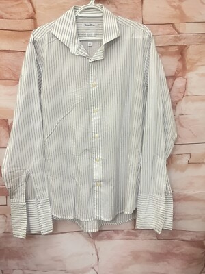 BURMA BIBAS Mens Long Sleeve Gray, White Striped Shirt 16 1/2 34/35 Slim Fit