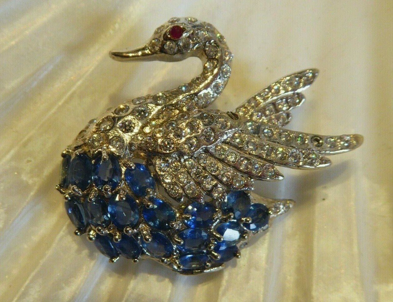 FINE SOLID SILVER REAL SAPPHIRE & RUBY SET SWAN B… - image 1