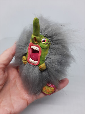 Green handmade miniature pocket troll doll called Izzy ooak Halloween