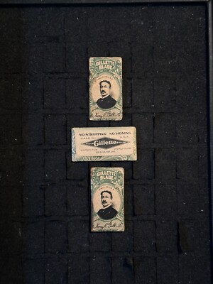 3 Straight Edge Razor Blades Founder King C. Gillette Portrait No Stropping Antq