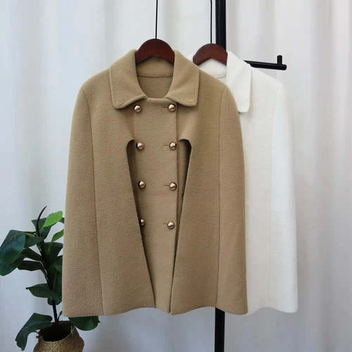 Damen Poncho Zweireiher Schlitz Ärmel fließend Wollmischung Elegant Cape Umhang Coa - Bild 21 von 47