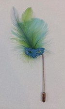 Vtg Masquerade Mask with Feather Stick Pin Green Blue
