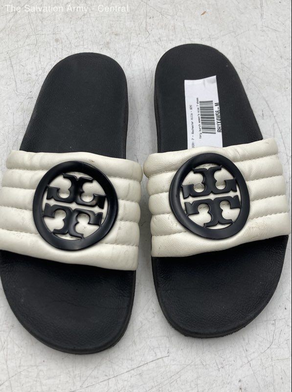 Tory Burch Womens White Black Leather Slip On Slide Sandals Size US 7