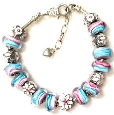 8.3'' Flower Slider Charms European Murano Lampwork Glass Beads Bracelet