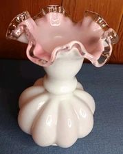 Vtg Fenton White Pink Overlay Ruffled Glass Vase 6" Melon Base Silver Crest Edge