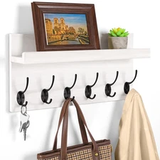 Shelf with Hooks Coat Rack Wall Mount 6 Double Metal 17 Inch Farmhouse