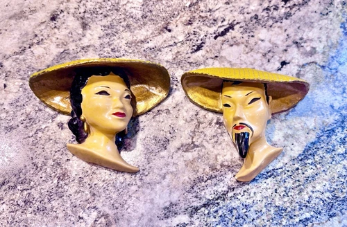 Vintage 1940-60’s Asian Man Woman Geisha Head Chalkware Wall Art