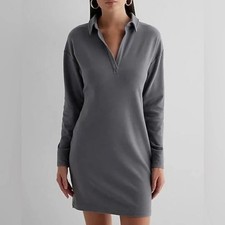 Express Women's Split V-neck Long Sleeve Mini Polo Sheath Dress Size L Gray New!