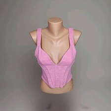 ZARA Pink Tweed Textured Corset Crop Top M Fits Small Bustier V-Neck Coquette