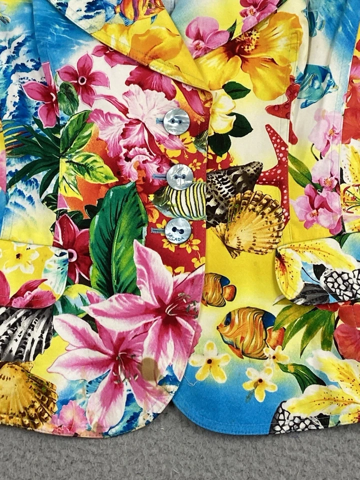 Blazer Mujer Escada Talla 40 Rosa Azul Amarillo Tropical Floral Chaqueta Coastal Reef Foto 4 de 4