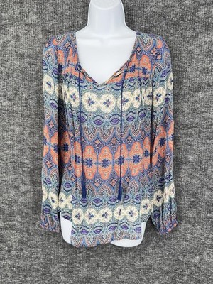 Lucky Brand Blouse Womens S Multicolor Paisley Tassel V Neck Boho Tunic Top
