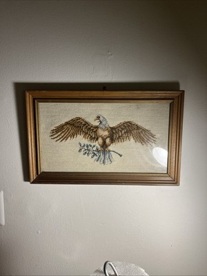 Vintage Federal Eagle w/branch  Framed Needlepoint 12.5 x 18.5 
