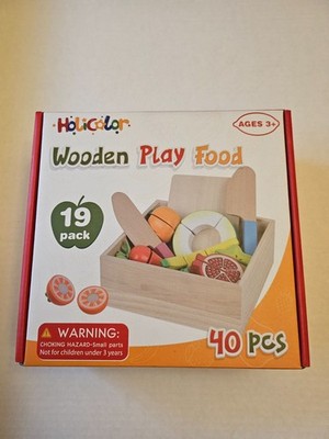 40 Piece Wooden Play Food for Toddlers, Fruit Veggies Cutting Box Set for Kids