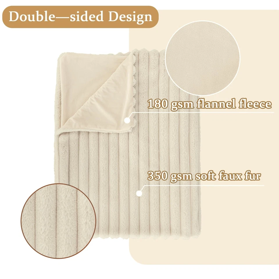 Manta beige de piel sintética para sofá, difusa acogedora suave cálida felpa a rayas Th... Foto 3 de 4