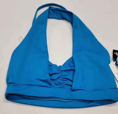 Motionwear Teal V-neck Halter Neck Ruched Front Crop Top Blue Open Back SZ LA