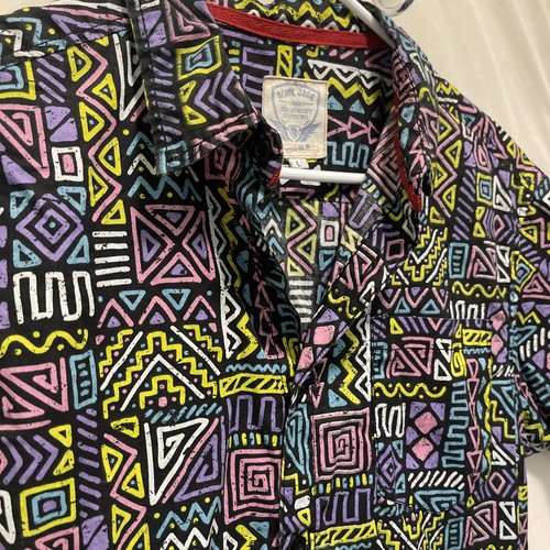 Blackjack 1999 Geometric Print Black Neon Button Up Short Sleeve Shirt Large - Picture 3 of 9