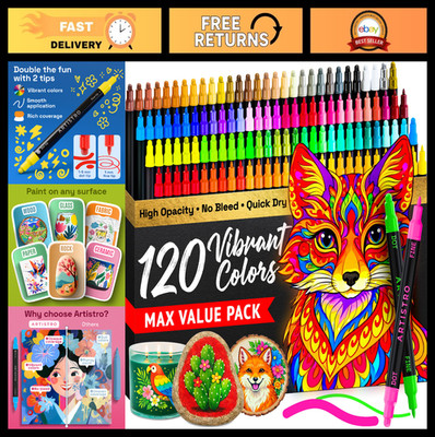 120 Dual-Tip Acrylic Paint Markers Set - Fine & Dot Tips for Fabric, Rock, Glass