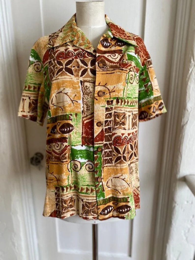 Vintage Brown Barkcloth Tiki Hawaii Shirt Aloha Beach Tropical