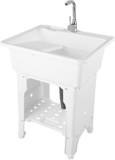 Freestanding Plastic Laundry Sink with Water Faucet, Indoor Outdoor Utility Sink