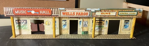 Marx Tin Litho Old West Town Playset Store Front - Wells Fargo, Music Hall, Guns