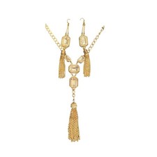 NWT Gold Chain Tassel Bib Necklace and Dangle Earrings Rhinestones Jewelry Set