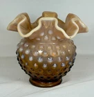 Fenton Hobnail Ruffled Vase – Amber Opalescent Carnival Glass Vintage 4.5” Tall