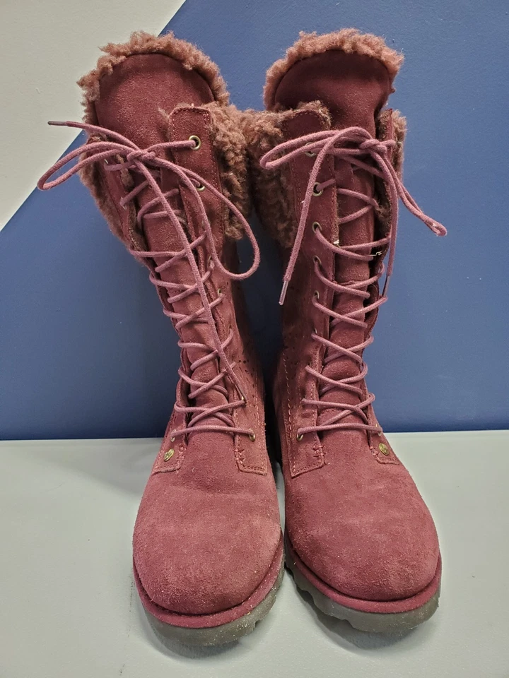 BEARPAW Dorothy Kylie Boots Womens Size 5 Purple Suede Faux Fur Collar Lace Up - Image 2 of 4