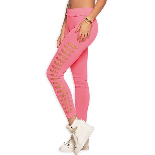Damenleggings mit Rissen Neonpink Aerobic Tights Leggins Pants Cut Out Leggings