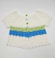 Handmade Crochet Baby girl Cardigan 6 To 9 Months White with Blue Green Stripes