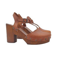 Swedish Clogs In Leather With Strap And 9 Heel - MY279 BROWN
