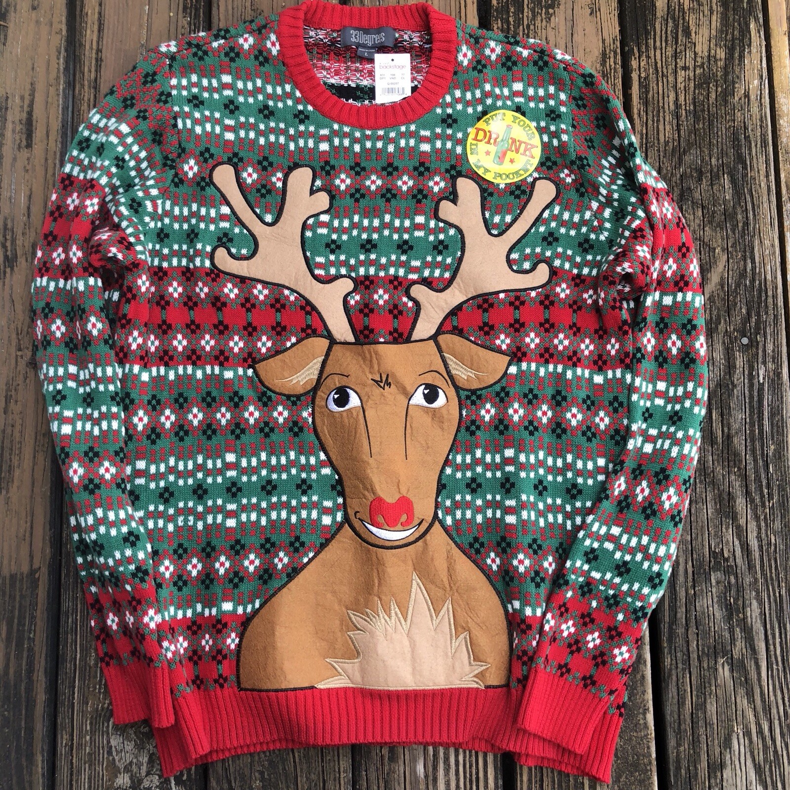 33 Degrees Sloths Christmas Tree Ugly Xmas Sweater Sz L Mens Red Green