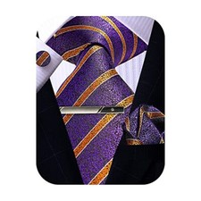 Mens Tie Pocket Square Cufflinks Tie Bar Set, Silk Woven Purple Gold Stripe