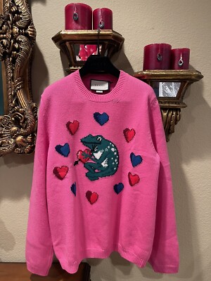 100% Authentic GUCCI Frog Hearts Pink Wool Knit Sweater