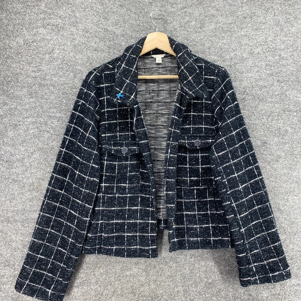 Chaqueta Cato Mujer L Grande Negra Cuello A Cuadros Frente Abierto Mangas Largas Bolsillos Foto 3 de 4