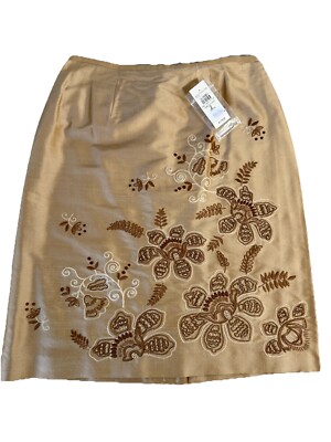 Ann Taylor Skirt Womens 8 Gold 100% Silk Embroidery Beads Dressy Event Wedding