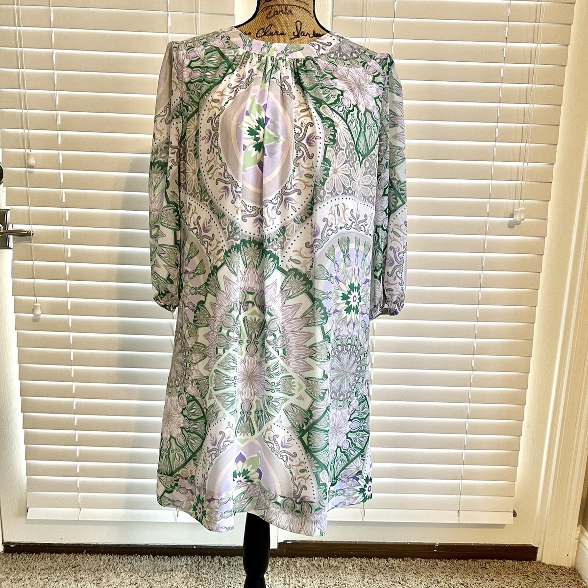 eva mendes green floral dress NY&Co Sz Medium Pastel Sheer Career Blue Purple Print brogue