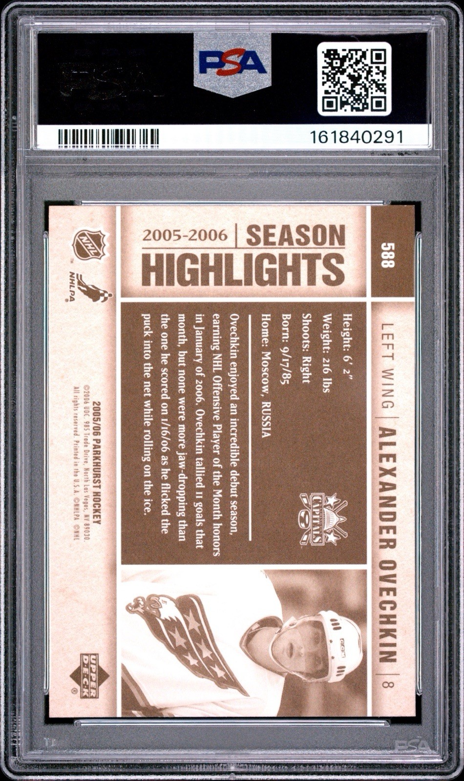 2005-06 Parkhurst - Season Highlights Alex Ovechkin #588 (RC) PSA 10 view 2