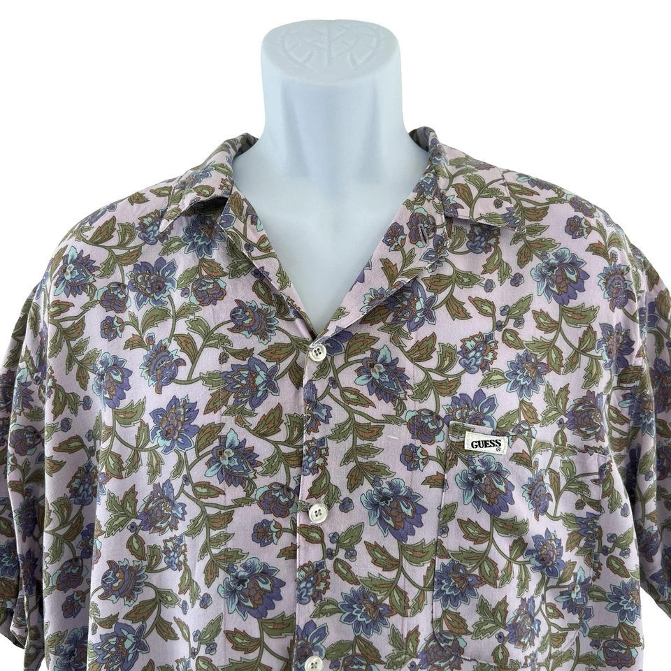 Camisa masculina vintage Guess média floral rayon botão para cima Georges Marciano anos 90 - Imagem 3 de 4