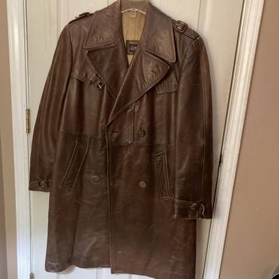 Vintage Leather Jacket Mens Cortefiel Lambskin Trench Coat Double-Breasted Spain