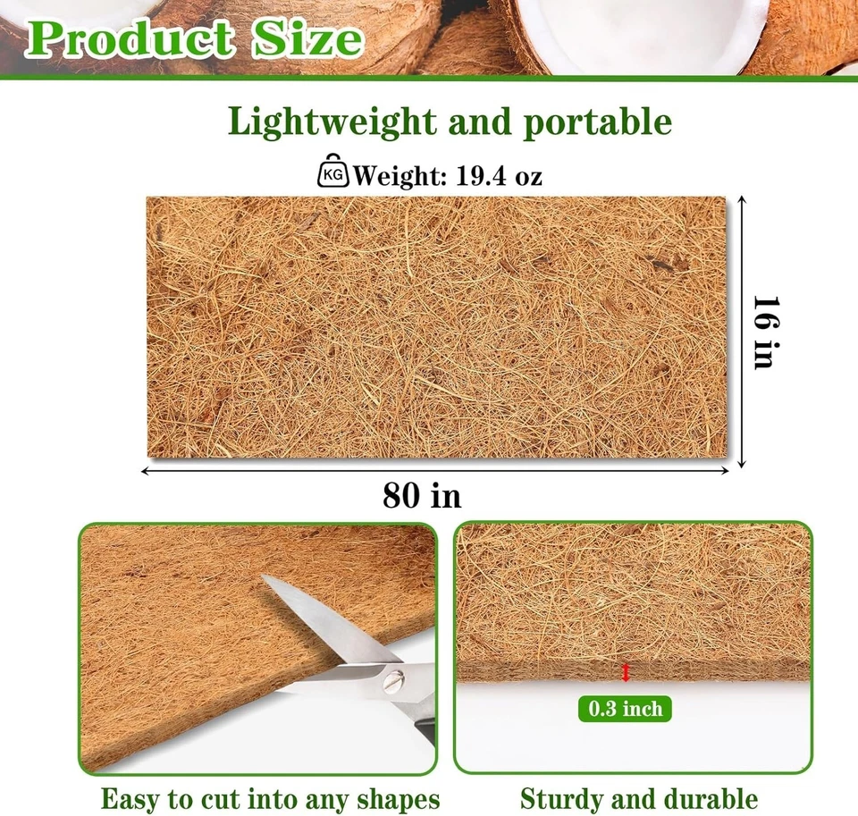 Alfombrilla de revestimiento de fibra de coco natural de 16 x 80 pulgadas - Forros para jardinera de fibra de coco para viento Foto 2 de 4