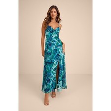 Lulus Floral Chiffon Maxi Dress Blue Teal Sweetheart Neck Slit Flowy Gown