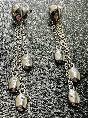 Vintage 2.5” Heavy Silver Tone Beaded Chain Dangle Earrings