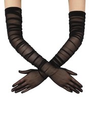 Women's Stretchy Super Long Tulle Gloves Ruched Mesh Sheer Gloves for Black