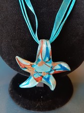 Brand New Gorgeous Aqua Blue Art Glass Starfish Pendant 2" Long Ribbon Blue